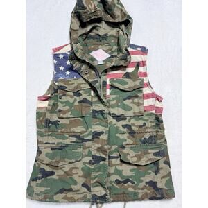 Soho Babe Lg Camo American Flag Vest Hood Distressed Military Utility Americana